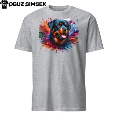 T-shirt unisex Rottweiler colorata: Design Vivace con Schizzi di Pittura Maglietta per Cani