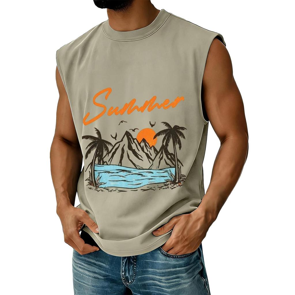 Men's Sleeveless Casual Athletic Vest Summer Graphic Print Muscle Tank Top Outdoor Gym Workout Shirt Beachwear