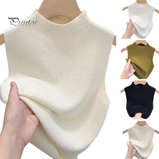 Dámské pletené vestové topy Slim Fit Polovysoký límec Bez rukávů Jednobarevná elastická pletená halenka Denní nošení