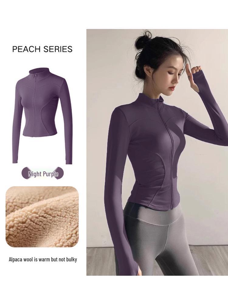 Women's Plush Slim Fit Zipper Yoga Jacket - Thickened, Elastic Long Sleeve, Stand Collar, Warm Autumn & Winter Top