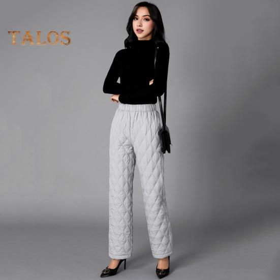 Autumn Winter Cotton Pants Rhombus Quilted Straight Wide Leg Long Pants with Pockets Solid Color Thickened Warm Trousers
