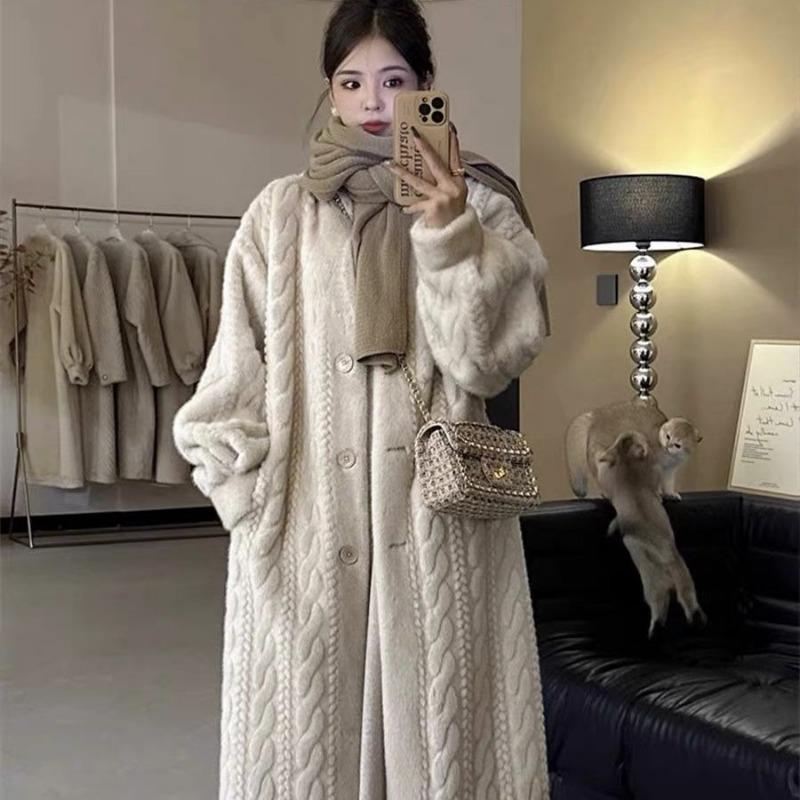 Autumn and winter thickened long large size knee imitation mink cardigan fur coat twist imitation mink plush jacket