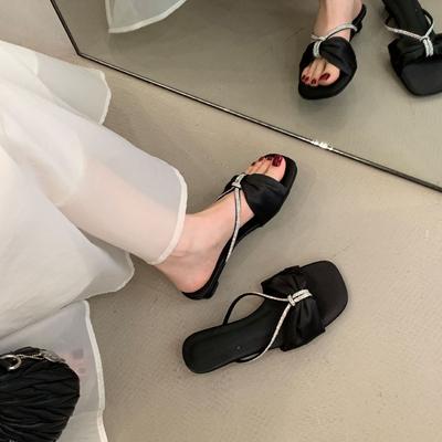 Korean Simple One-word Slippers 2025 Summer New Fairy Wind Rhinestone Slope Heel Cool Slippers