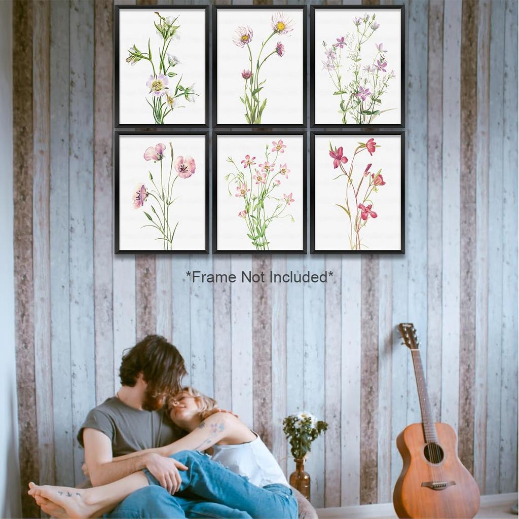 Gubrandin 6PCS Vintage Botanical Wildflower Art Wall Art Prints Artwork Paintings for Home Farmhouse Office Bathroom Kitchen Bedroom Wall Decor (8x10