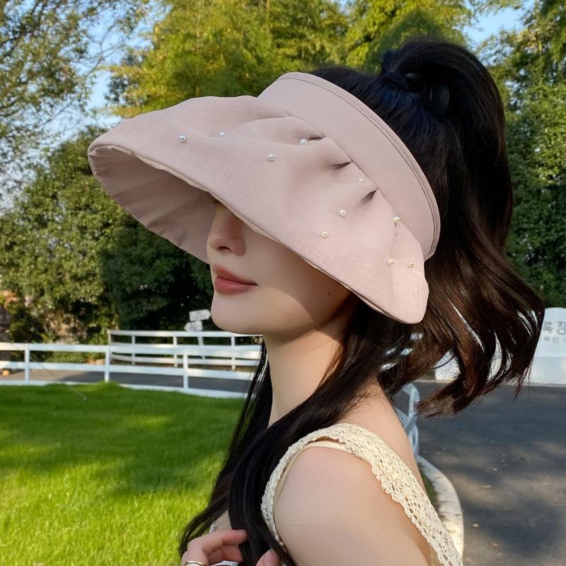 Small Pearl Big Eaves Empty Top Shell Hat Women's Summer Travel Sun Protection Fresh and Elegant Sun Hat Headband Sun Hat