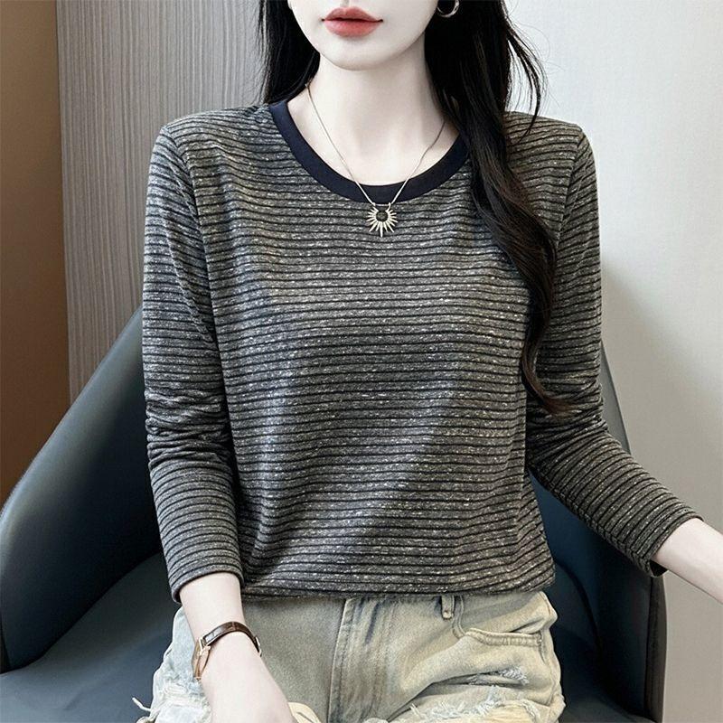 Women Striped Long Sleeve Crew Neck Loose Color Block Casual Bottoming T Shirt