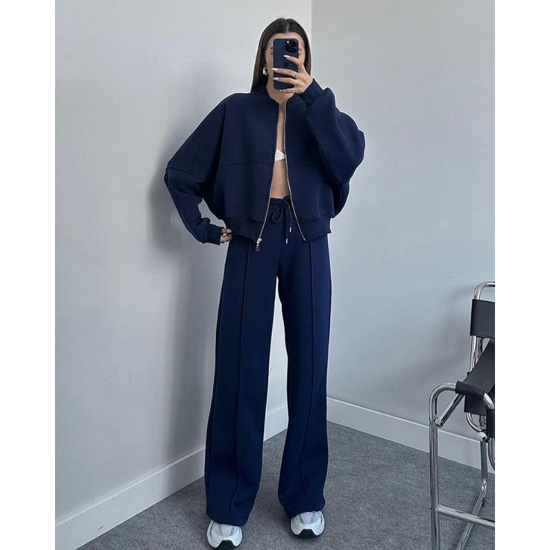 Jachetă de hanorac simplă la modă de primăvară cu gât rotund și pantaloni casual cu picioare drepte