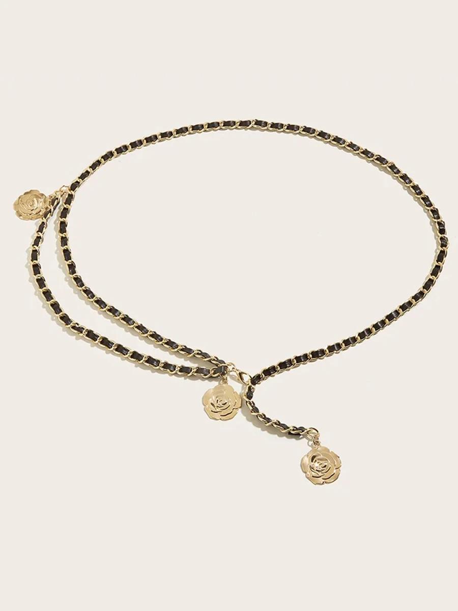 Ceintures Chaînes de Taille en Métal de Haute Qualité Pour Femmes Chaîne à Pendentif Fleur Ronde Corde de Sangle Fine Ceinture Décoration Robe Chemise Féminine noir