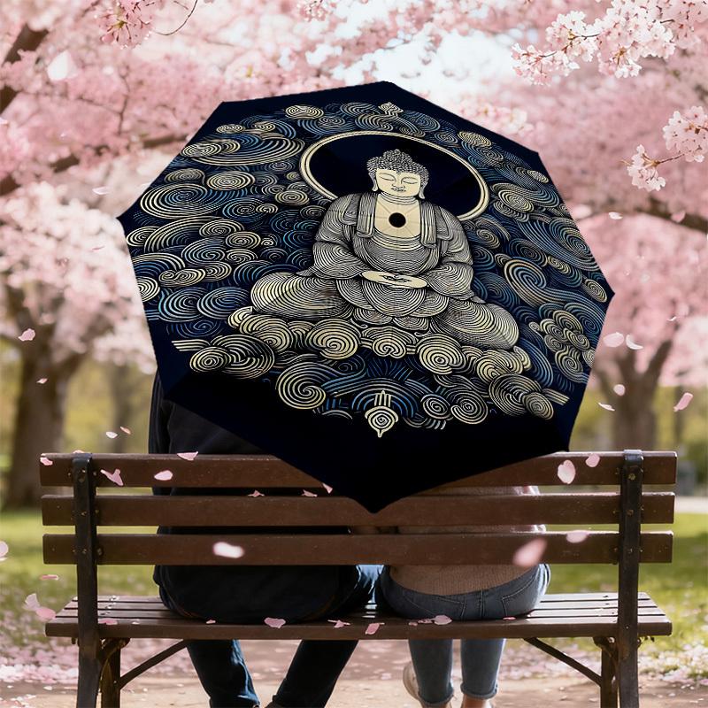 1pc Buddha Meditation Automatic Open/Close Umbrella Compact Folding Umbrella with 8-Rib Shaft for Women/Men, Elegant Birthday1246S