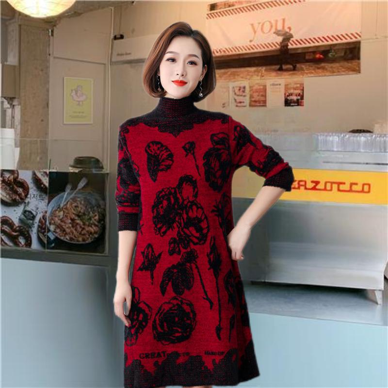Women's Plus-size Sweater Dress Autumn Winter Fleece Mid-length Straight Knitted Dress Printed Flocking High-neck Skin-friendly Knitted Dress