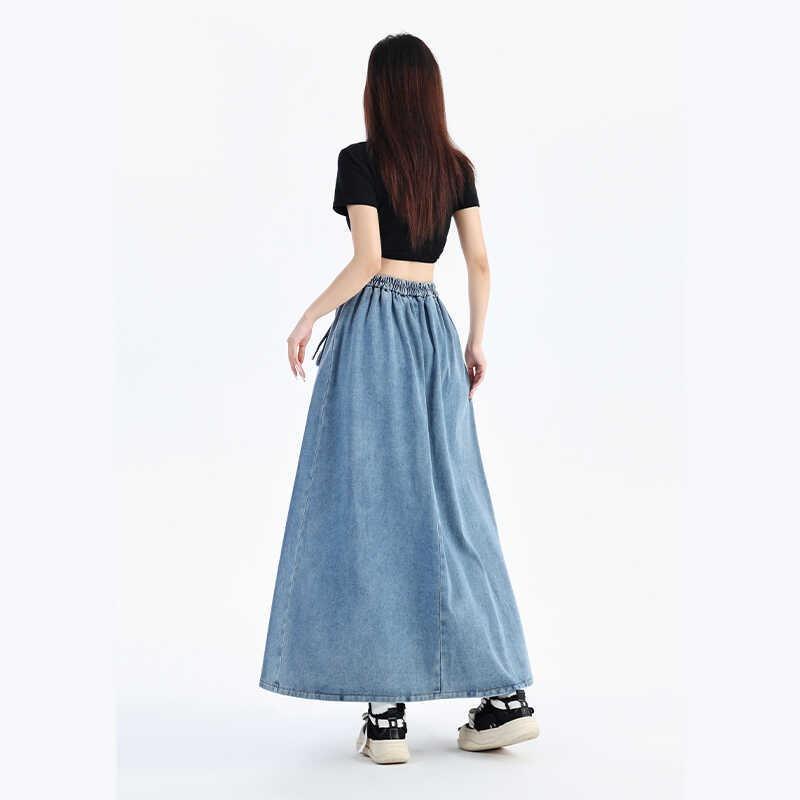 Lace Up Corset Midi Long Skirts Women Spring Summer Korea Style Vintage High Waist Jean Skirt A Line Ruffle Pleated Denim