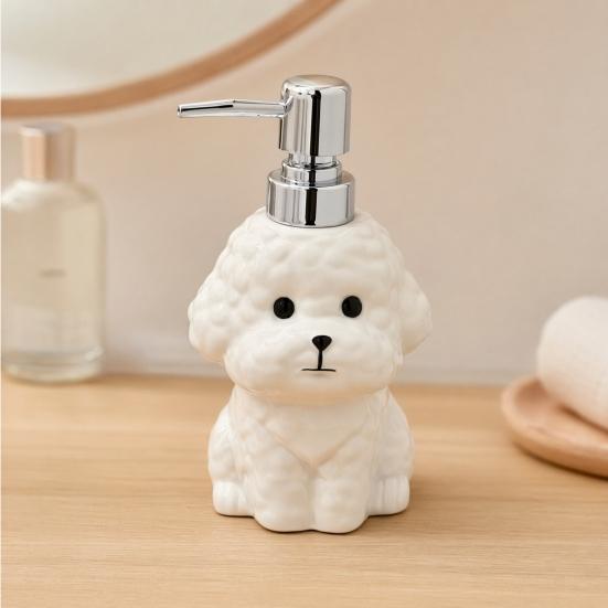 Dispensador de Sabão para Cães em Cerâmica de 400ML com Bomba Plástica, Recipiente Reabastecível em Formato de Filhote para Sabonete Líquido de Mãos, Frasco Vazio para Gel de Banho e Loção para Banheiro