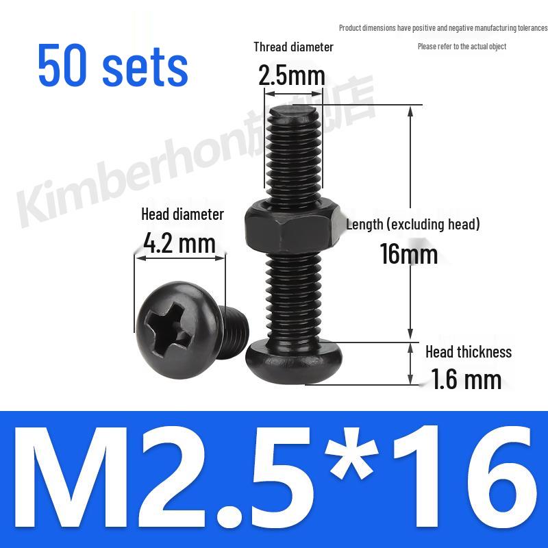 Complete Set of Black 304 Stainless Steel Phillips Round Head Screws and Nuts - M2M3M4M5M6MM.