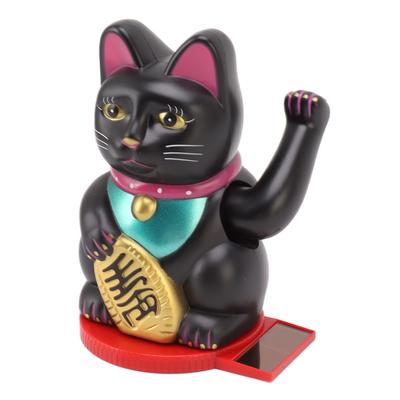 Arm Waving Fortune Cat 4 Inch Plastic Solar Powered Light Induction Lucky Cat Decoration with Rotating Base for Home Hotel Black