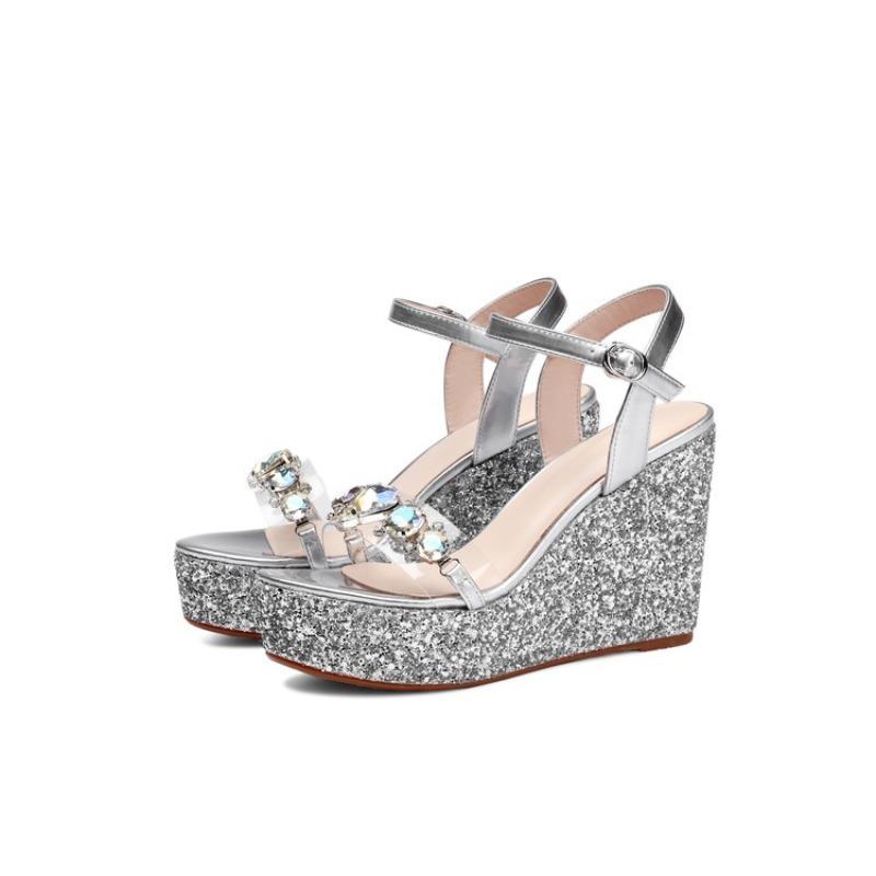 Fashion Slope Heel Sandals Summer New Round Head Crystal Buckle Waterproof Table Cover Foot Non-slip Wear-resistant High Heels