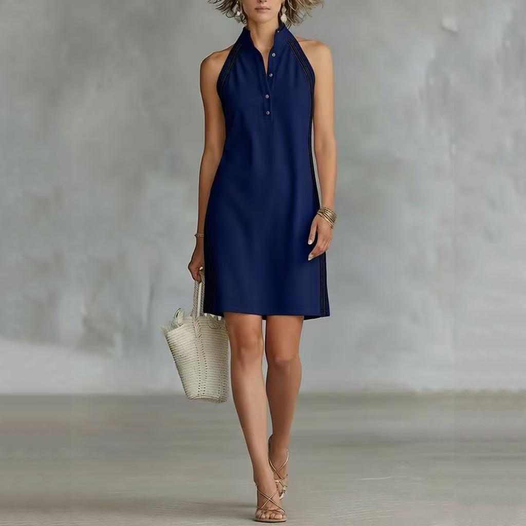 Women's Fashionable Loose Sleeveless Button-Up Stand Collar Casual Dress