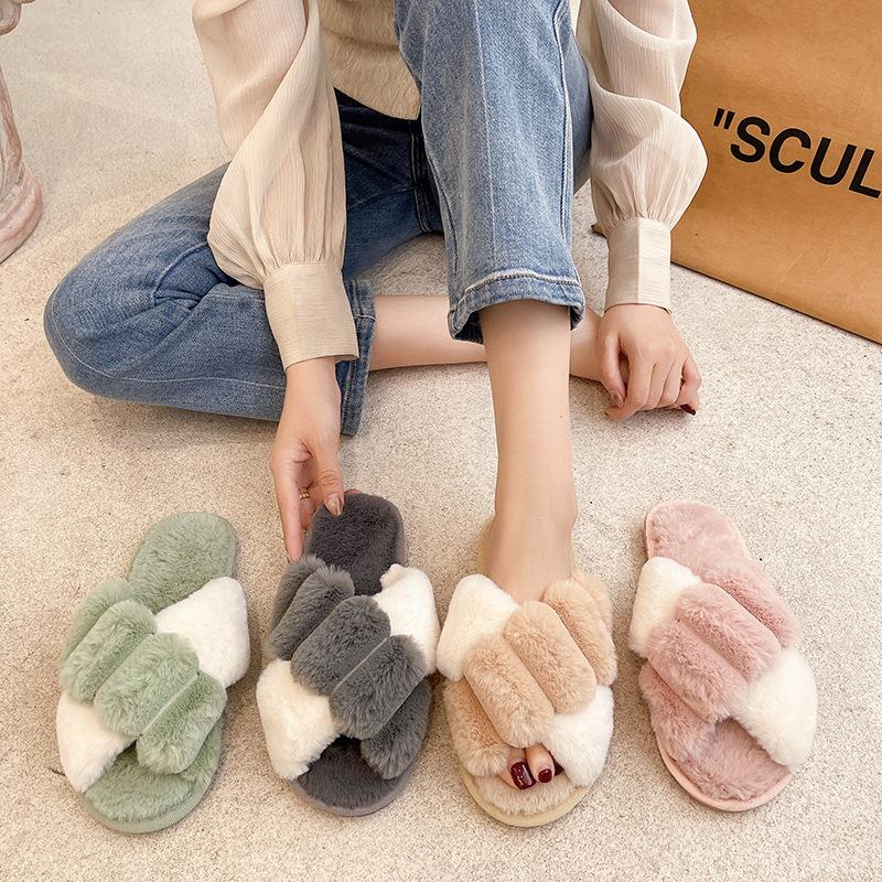 Autumn and Winter Fluffy Slippers Cross Fashion Plaid Indoor Cotton Mop Plush Shoes Flat Non-slip Cotton Mop Warm Shoes