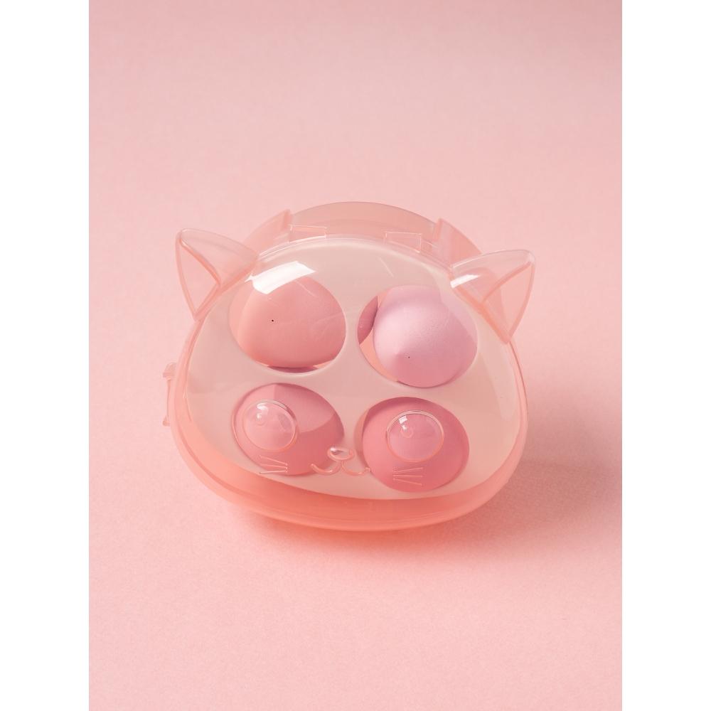 Набор из 4 пуховок для лица с кейсом Daiso  Кошка