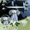 7-teiliges Set Hochzeitsauto Türgriff Spiegel Blumen-Set Band Schleifen Weiße Künstliche Rose Just Married Auto Dekor Zubehör