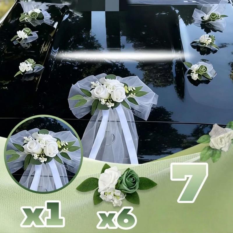 7-teiliges Set Hochzeitsauto Türgriff Spiegel Blumen-Set Band Schleifen Weiße Künstliche Rose Just Married Auto Dekor Zubehör