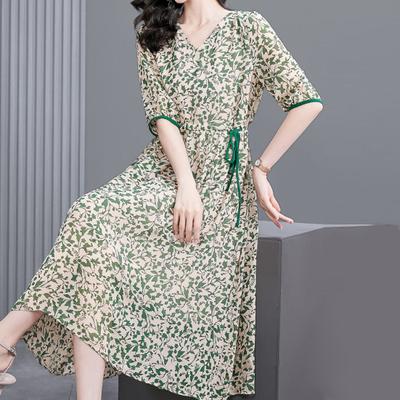 Women Floral Print A Line Midi Dress V Neck Half Sleeve Waist Drawstring Flowy Hem Casual Dress Streetwear