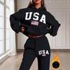USA Letter Printing Solid Color European and American New Fashion Casual Hooded Sweater Set