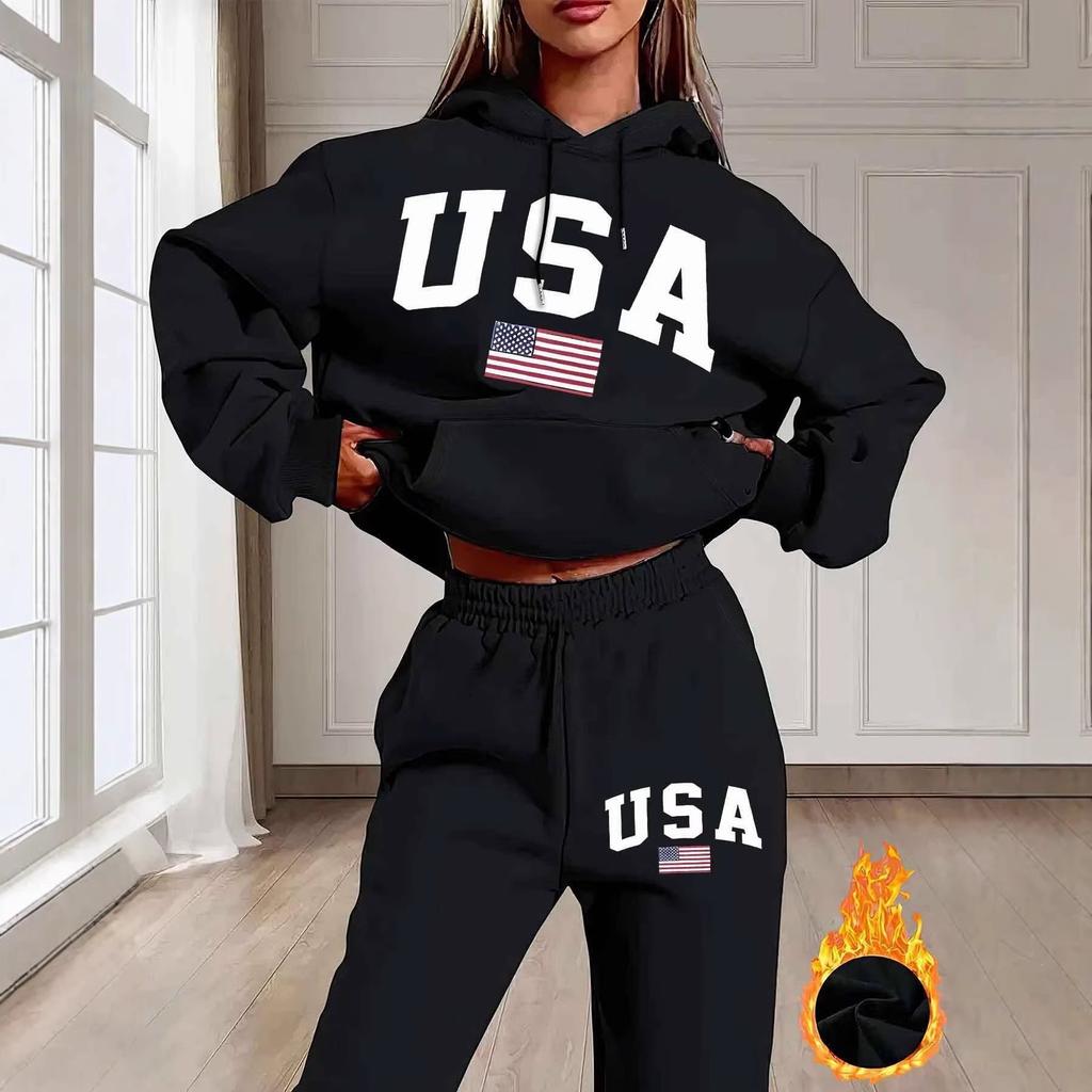 USA Letter Printing Solid Color European and American New Fashion Casual Hooded Sweater Set