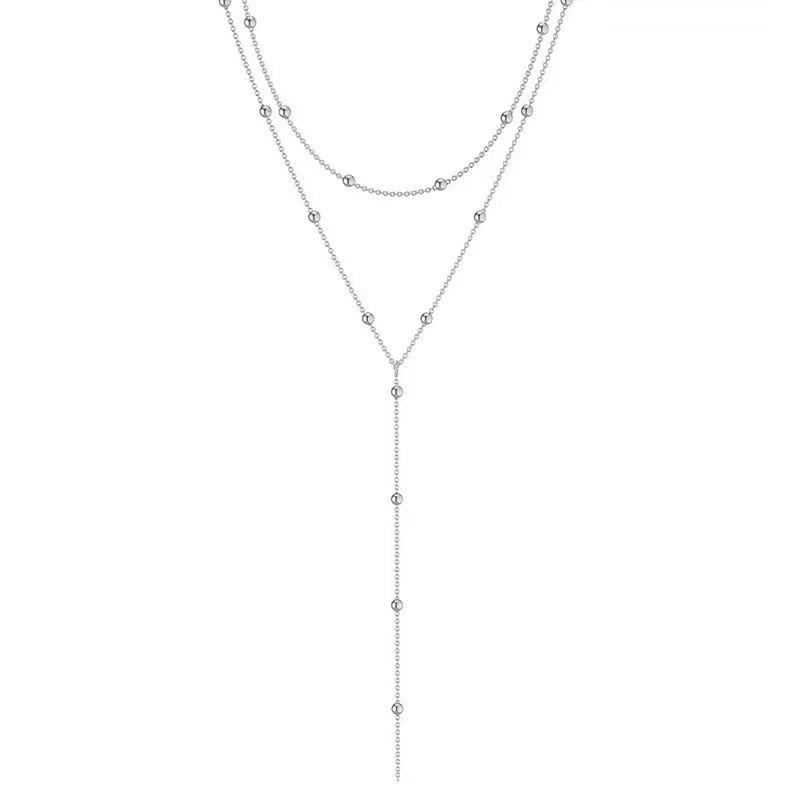 Simple Geometric Tassel Clavicle Necklace: Multi-Layered Long Pendant with Round Bead Design