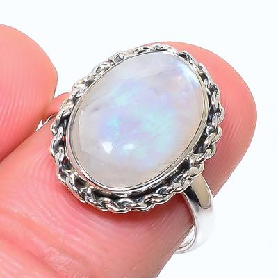 Natural Rainbow Moonstone Gemstone 925 Solid Sterling Silver Gift Ring S.8 B1A98