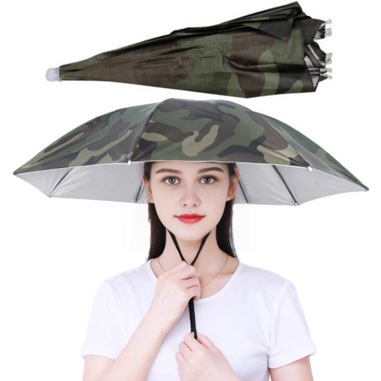 UV Protection Camouflage Umbrella Hat Hands-Free Sun Blocking Umbrella Hat with Elastic Headband Waterproof Outdoor Fishing Folding Umbrella Hat