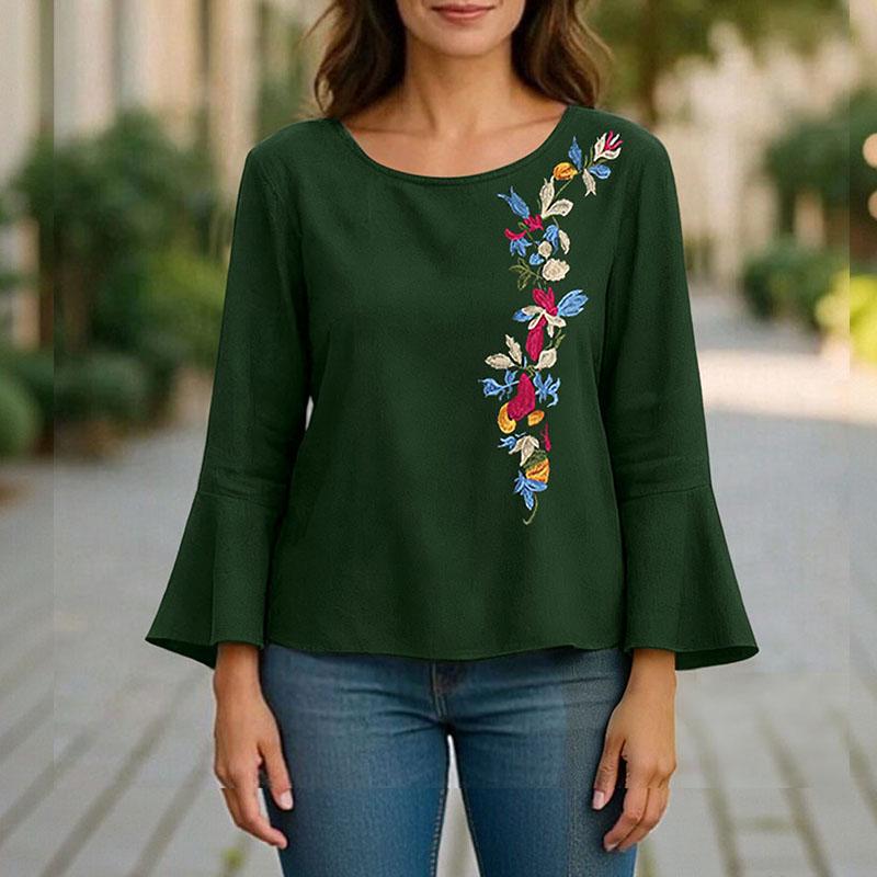 

ZANZEA Women Round Neck Flare 3/4 Sleeve Casual Embroidered Blouse 5XL