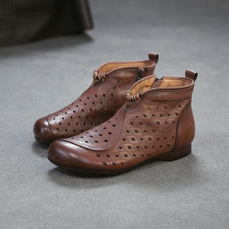 Johnature Retro Summer Short Boots Flat Side Zipper Genuine Leather Hollow-out Breathable Women's Shoes