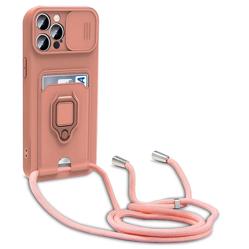 Luxury Soft Silicone Crossbody Necklace Cord Strap Case For Iphone 16 15 14 12 11 Pro Max 16e X XR 7 8 Plus Wallet Card Cover
