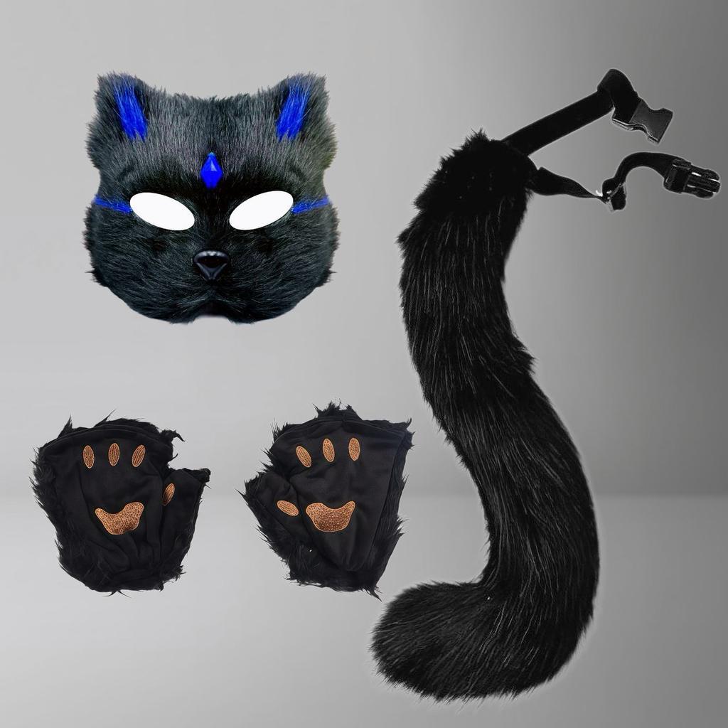 fox ears cos A Halloween set of plush gloves with animal claws, animal ears, and animal tails, along with a face mask and tail for women