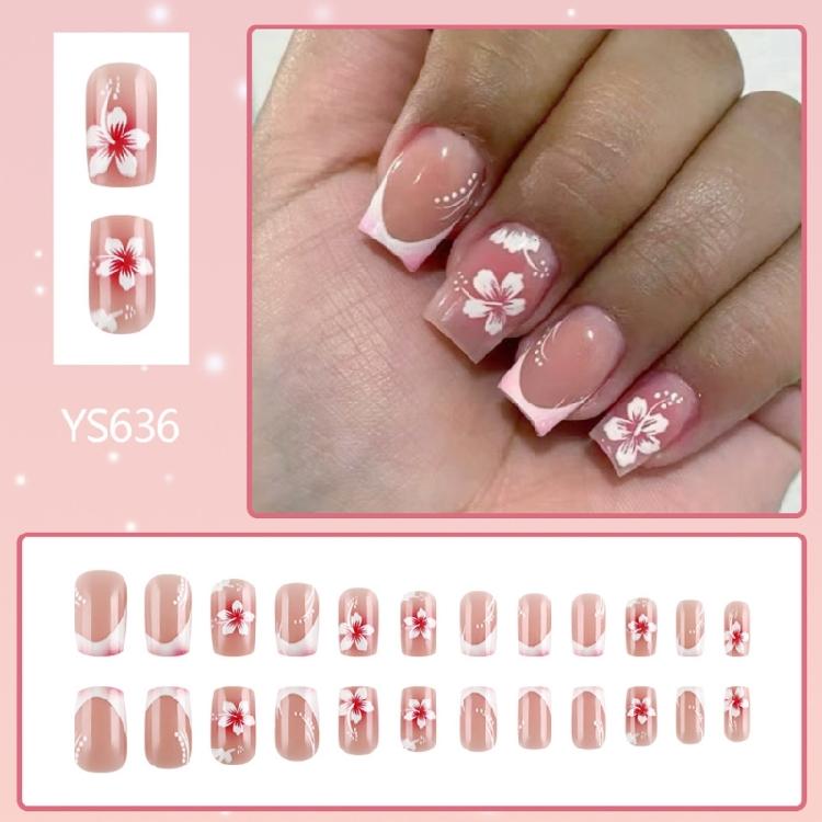 24Pcs Square Fake Nail Press On Nail Artificial Nail False Nail Glues On Nail with Flower Designs French Nail Tips