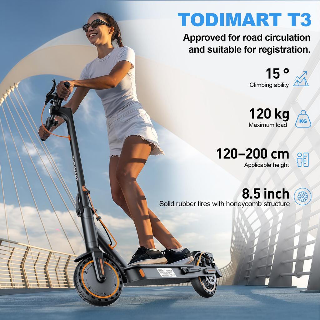 TODIMART T3 Yetişkin Elektrikli Scooter 350W 25KM/H 35KM Batarya 36V 7.8Ah Hırsızlık Önleyici Katlanabilir Petek Lastikler 120KG