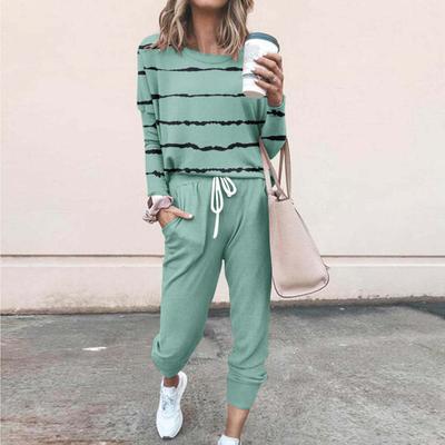 Women's Striped Printed Two Piece Outfit Long Sleeve Sweatsuit Jogger Pants Set with Pockets Casual Workout Athletic Tracksuit