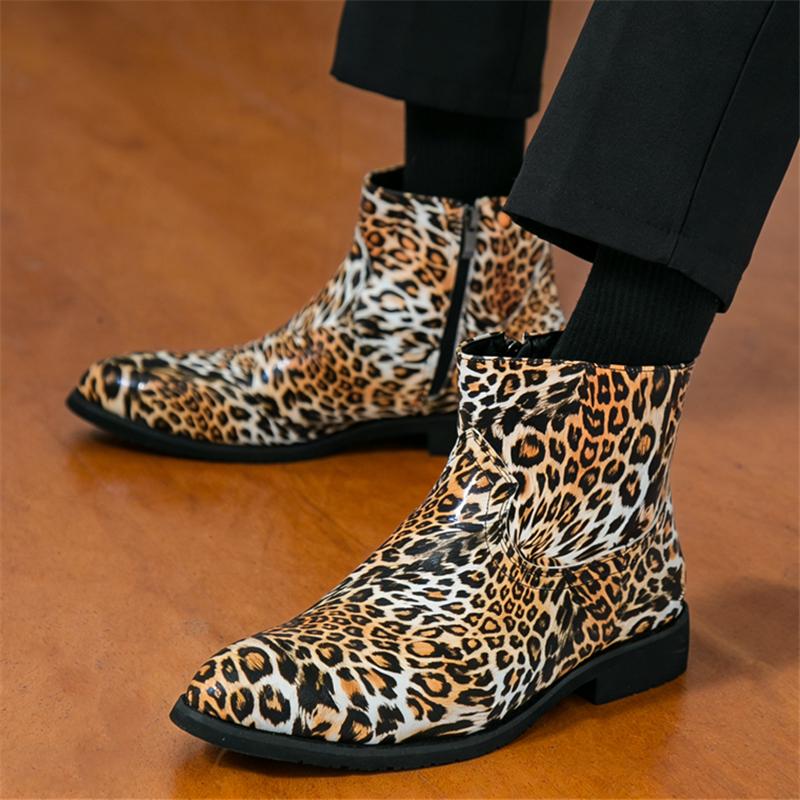 Winter Designer New Fashion Pointed Leopard Pattern Chelsea Ankle Boots for Men Casual Luxury High-top Shoes Zapatos Hombre