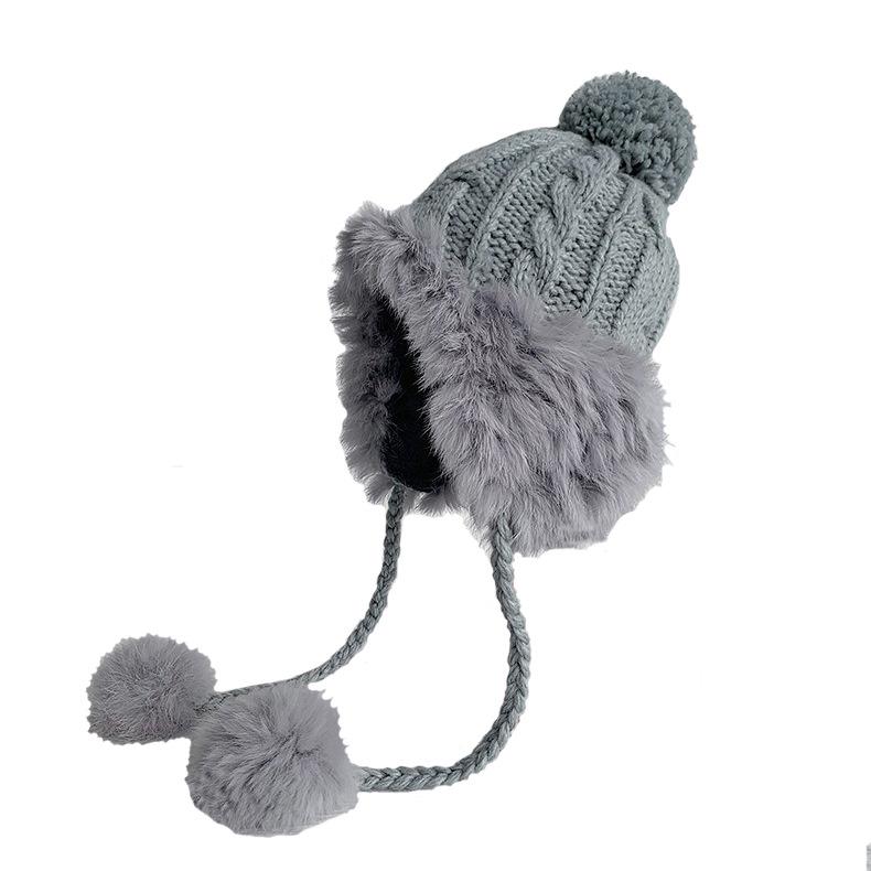 Women's Korean Style Cute Pom-Pom Earflap Hat - Autumn/Winter Warm Woolen Rabbit Fur Knit