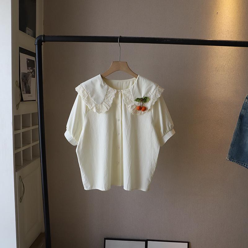 

Летняя блузка в корейском стиле с воротником Питер Пэн, милым декором в виде вишни и рукавами-буфами для женщин One Size абрикосовый