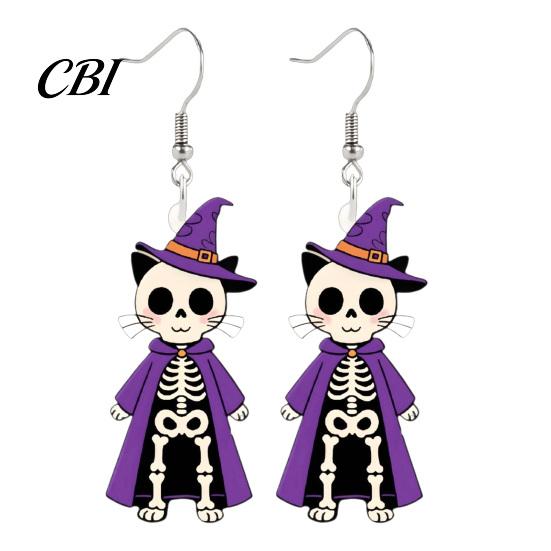 Cute Skeleton Earrings 1 Pair Halloween Cat Drop Dangle for Women, Acrylic Witch Hat Skull Hoop Earring, Theme Jewelry Gift Sweet Cool