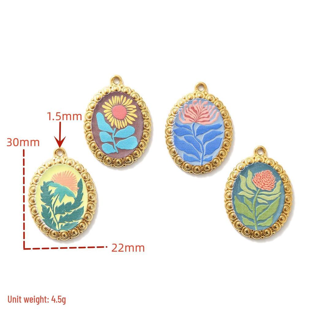 Vintage Floral Oil Painting Necklace Pendant - Stainless Steel, High-End Fashion Accessory