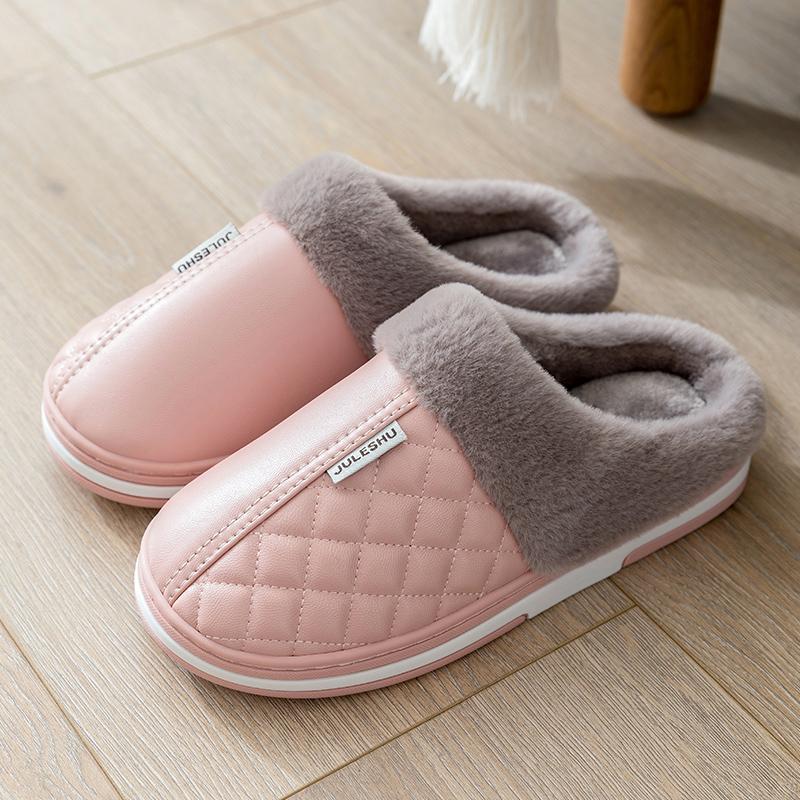

Cotton slippers men s autumn and winter indoor home household waterproof non-slip plush warm plush leather slippers 38 -39 [suitable for sizes 37-38]