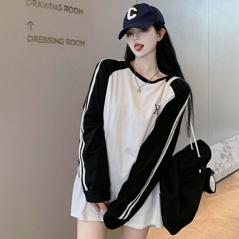 

Весенне-осенняя новая корейская студенческая футболка женская с длинным рукавом средней длины свободная большая женская одежда топ M белый