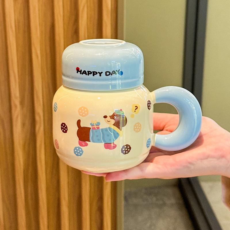 Cute Dachshund Puppy Ceramic Kettle Couple with High Value Mug with Lid To Send Birthday Gifts for Girls