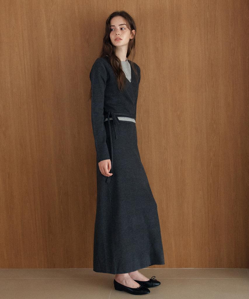 YUPPE [Set] Tie Wrap Knit Cardigan & Skirt_Charcoal