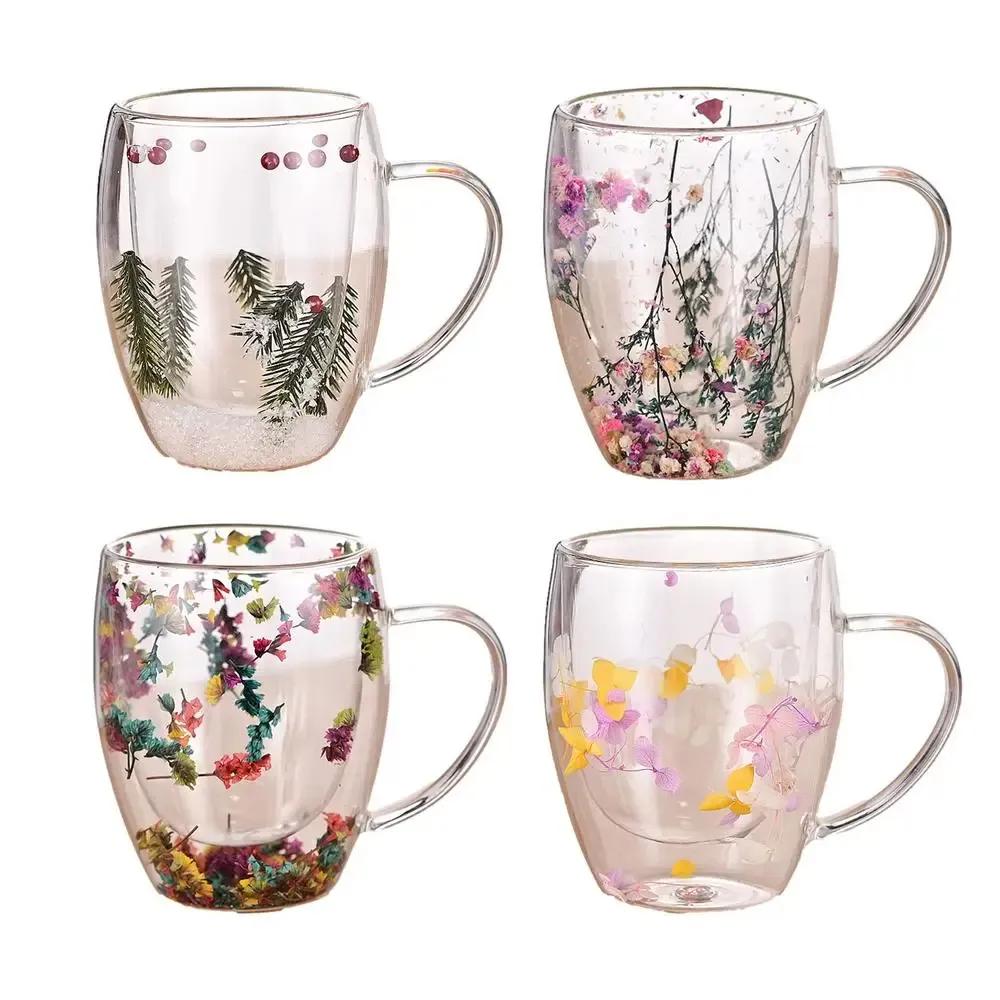 350ml Doppelwandige Glasbecher Tasse mit Trockenblumenfüllung mit Henkeln Küchenzubehör WLL2148
