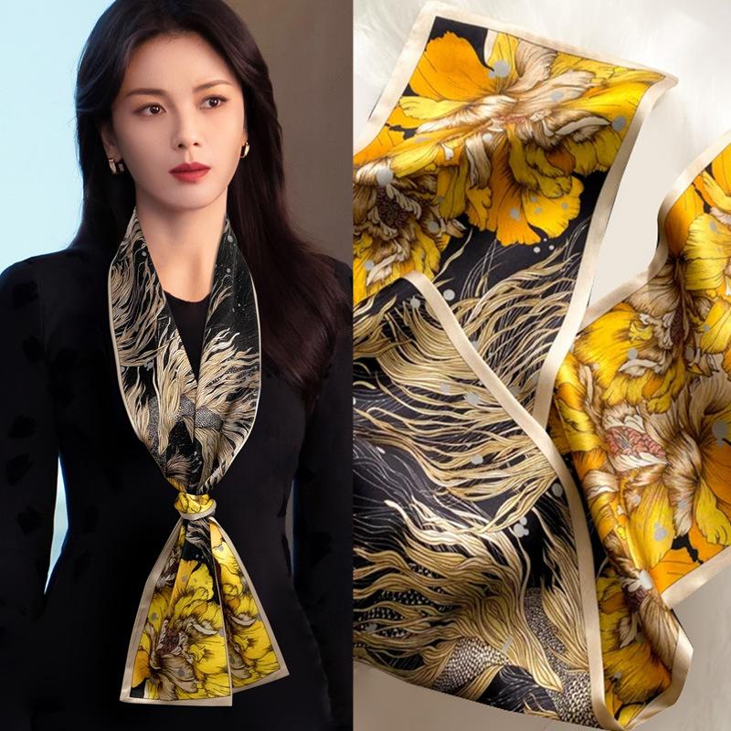 New Silk Scarf Women's Small Long Narrow Silk Scarf Spring and Autumn Scarf Professional Temperament Scarf Shirt Accessories Tied Bag Headband
