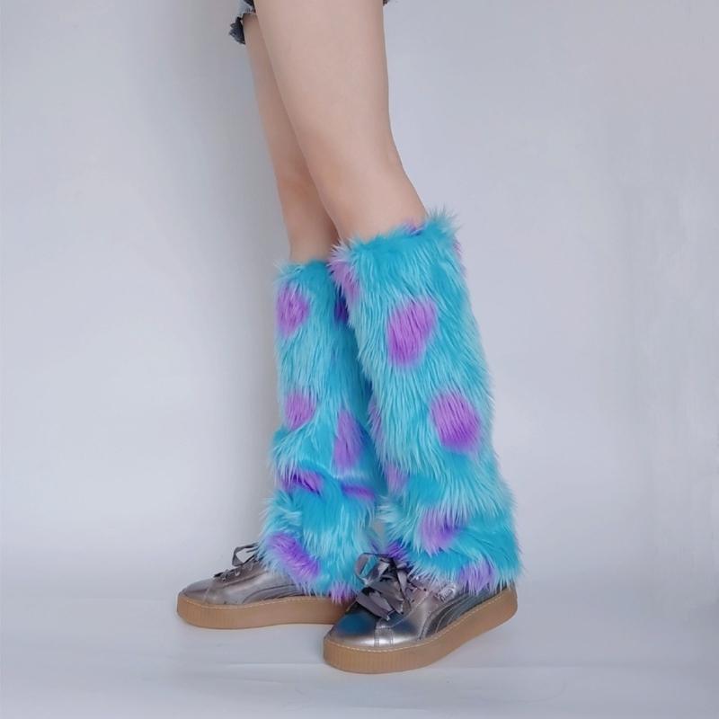 Women Harajuku Winter Warm Plush Leg Warmers Novelty Monsters Colorblock Furry Boots Cover Cosplay Leg Sleeve Long Socks