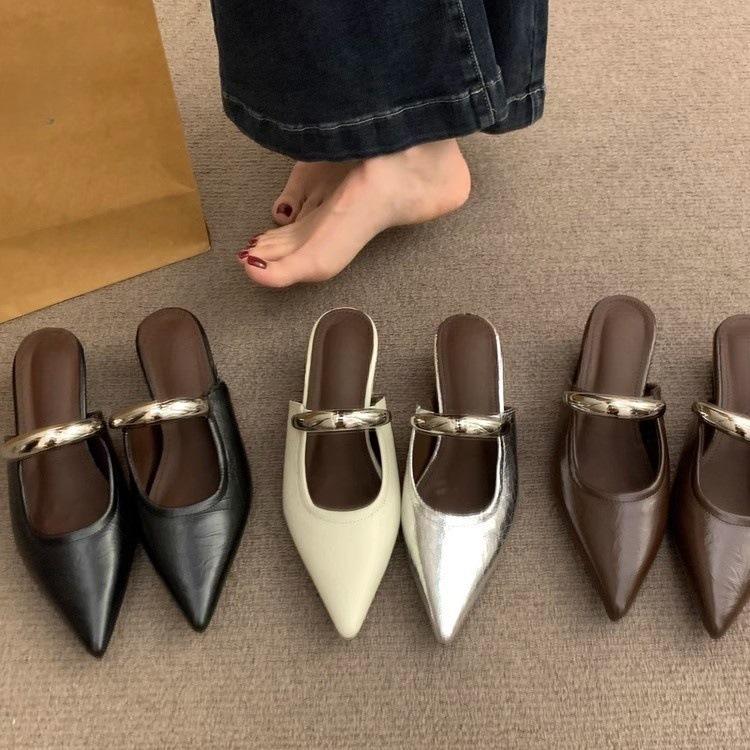 pointed toe bag head half slippers women's spring and autumn new small slope heel single shoes one pedal low heel flat shoes cool slippers